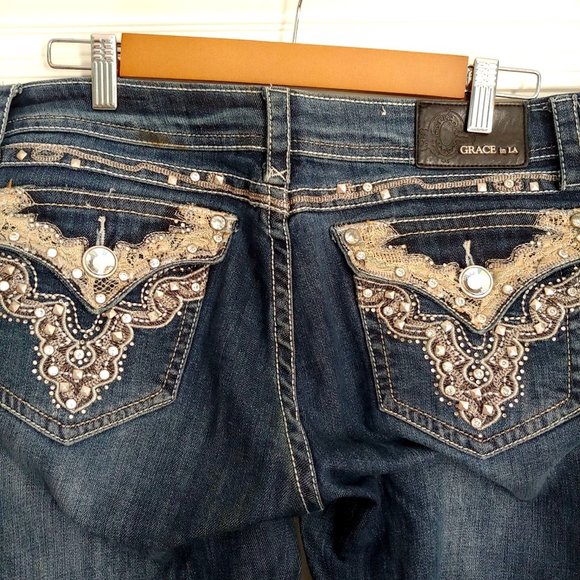 Grace In LA Midrise Straight Leg Lace Blingy Crystals Pocket Flaps 31 - Picture 1 of 16